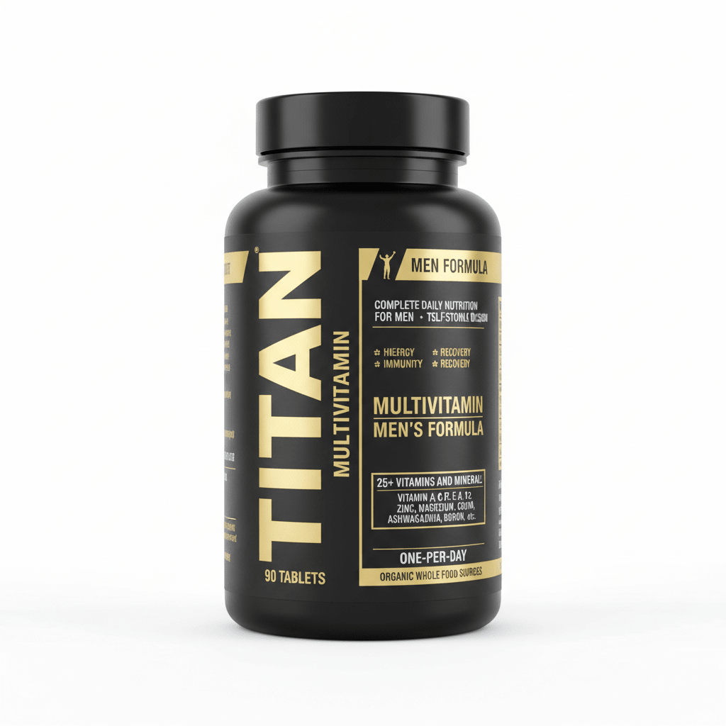 Black supplement bottle with gold text, "TITAN Multivitamin Men's Formula," and "90 Tablets" against a white background.