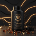 Matte black bottle of Titan Multivitamin with a gold lion logo, 90 tablets, surrounded by gel capsules on dark stone.