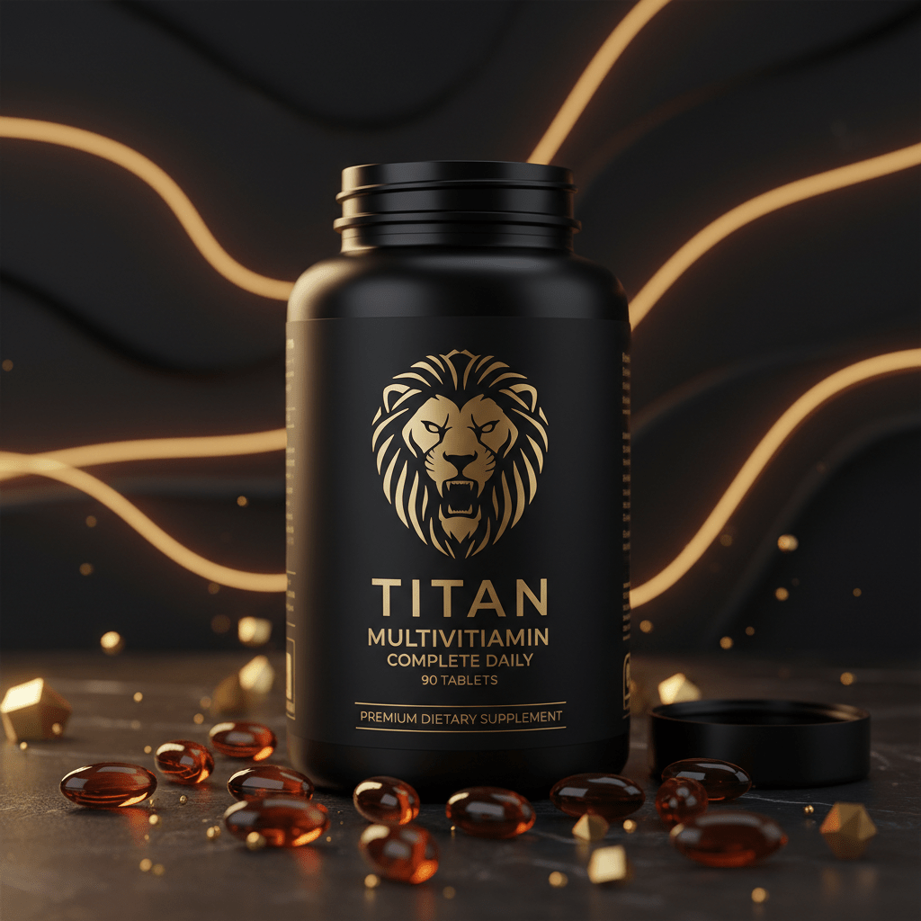 Matte black bottle of Titan Multivitamin with a gold lion logo, 90 tablets, surrounded by gel capsules on dark stone.