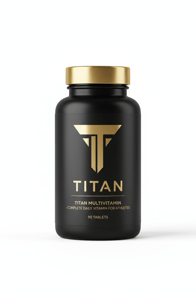 Black bottle of TITAN Multivitamin with gold cap, gold logo, and text against a white background.