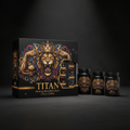 TITAN Muscle Builder Stack box and supplement bottles featuring a lion with a gold crown and colorful, ornate detailing.
