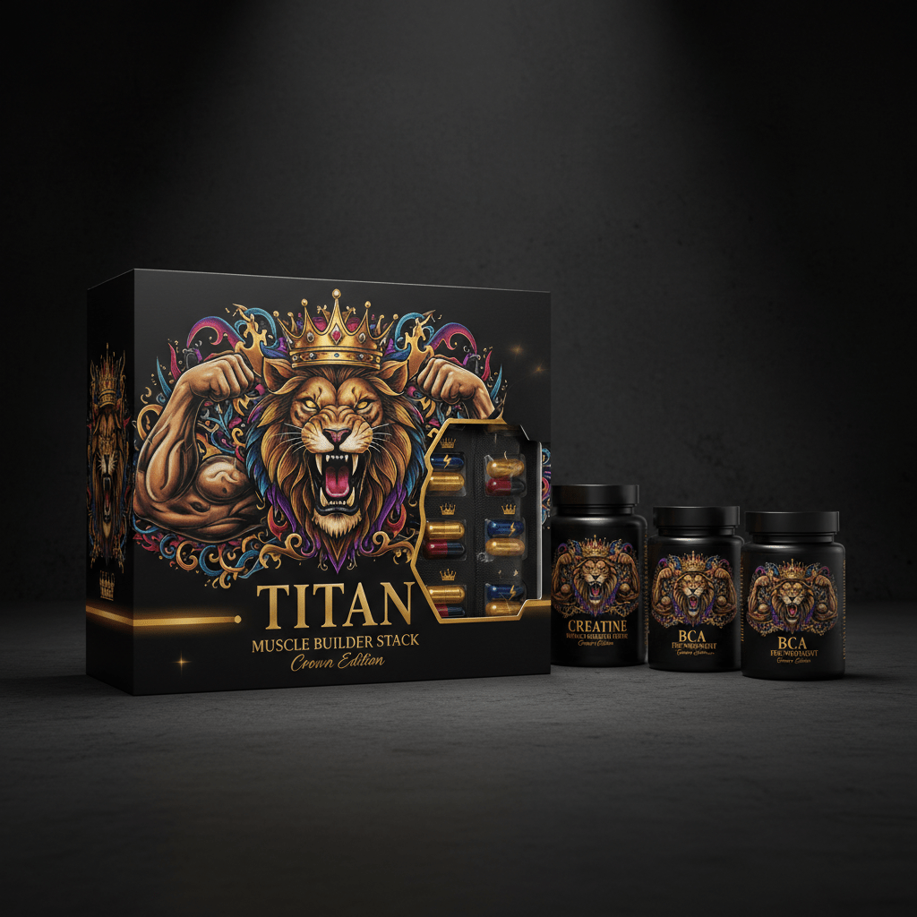 TITAN Muscle Builder Stack box and supplement bottles featuring a lion with a gold crown and colorful, ornate detailing.