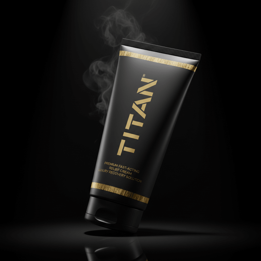 Matte black tube of Titan Muscle Recovery Cream with gold text and textured accents, surrounded by wisps of steam.