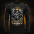 Black long-sleeve tee featuring a crowned, muscular figure breaking chains with "MY LIMITS ARE LIES" motivational text.