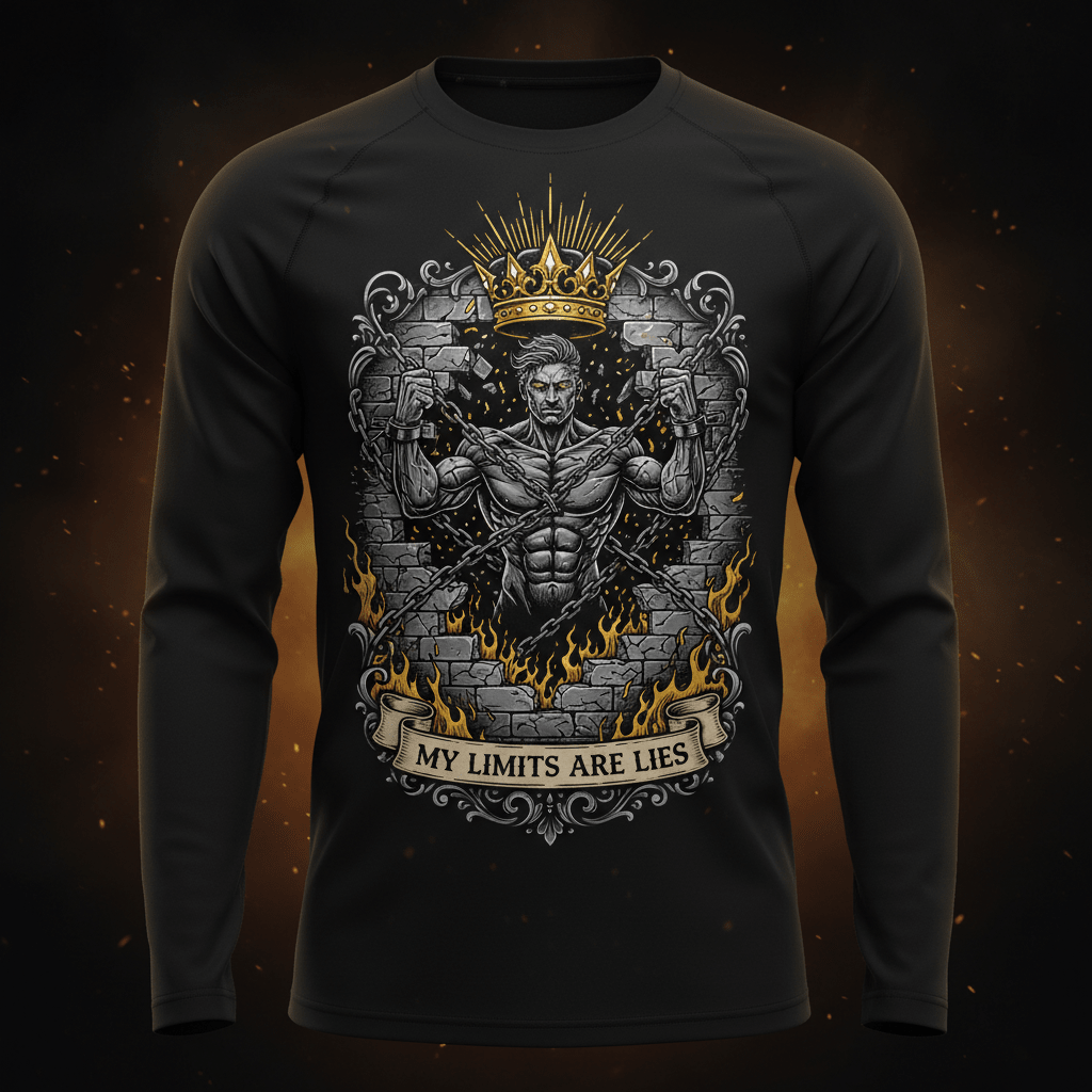 Black long-sleeve tee featuring a crowned, muscular figure breaking chains with "MY LIMITS ARE LIES" motivational text.