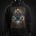 Black hoodie featuring a king breaking through prison bars with fiery electric power and "My Limits Are Lies" text.