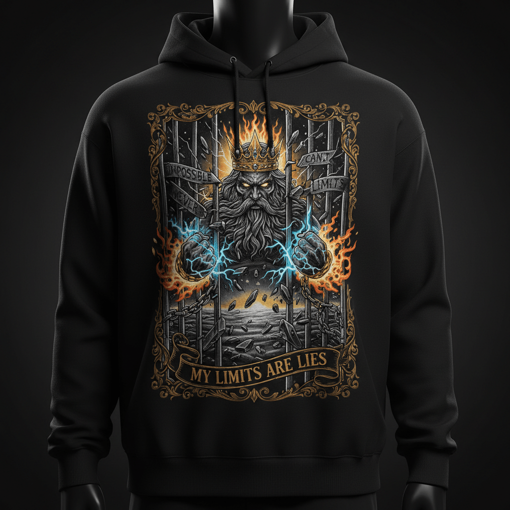 Black hoodie featuring a king breaking through prison bars with fiery electric power and "My Limits Are Lies" text.
