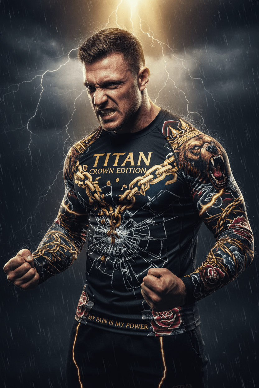 Titan Sport long-sleeve rash guard featuring a bear, crown, and broken chain print with “My pain is my power” text.