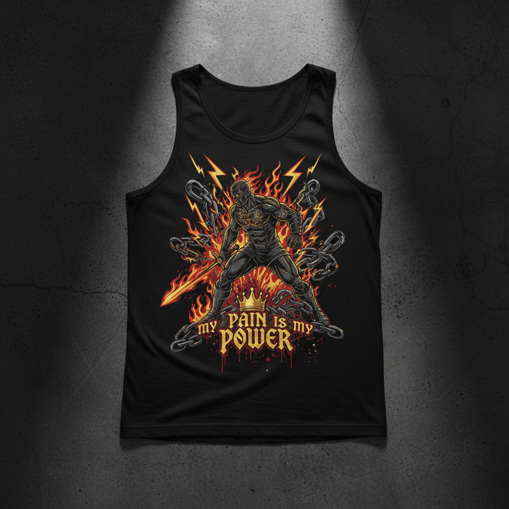 Black tank top with a flaming warrior, chains, and the motivational text: "My pain is my power."