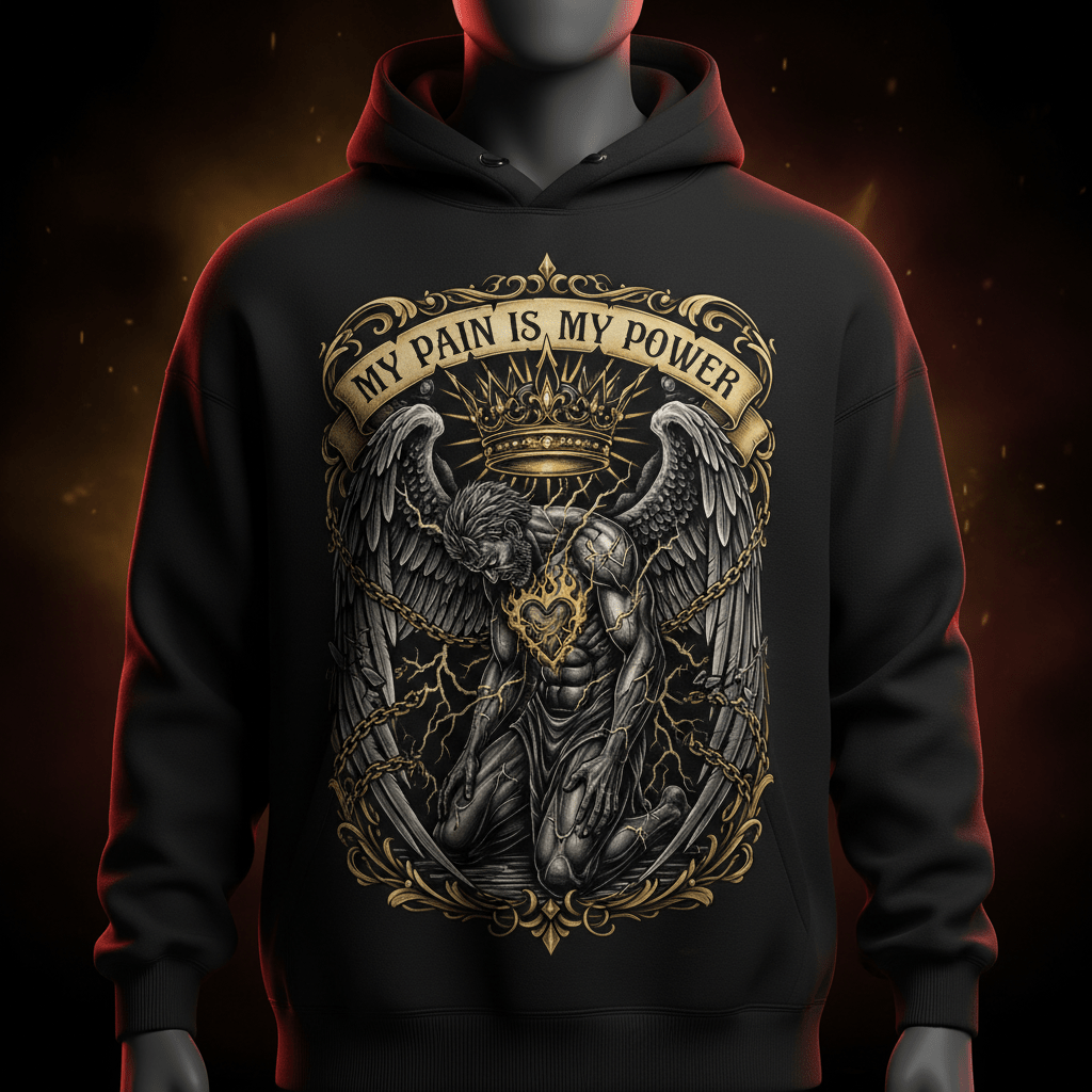 Black hoodie featuring a winged figure, a golden crown, and the motivational text "My Pain Is My Power."