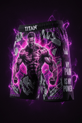 Titan Sport shorts featuring a glowing purple muscular warrior and "My Pain Is My Power" text against broken glass.