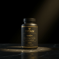 Black bottle of Titan NAD+ Bone Strength supplement with gold text and bone icon on a dark marble surface.