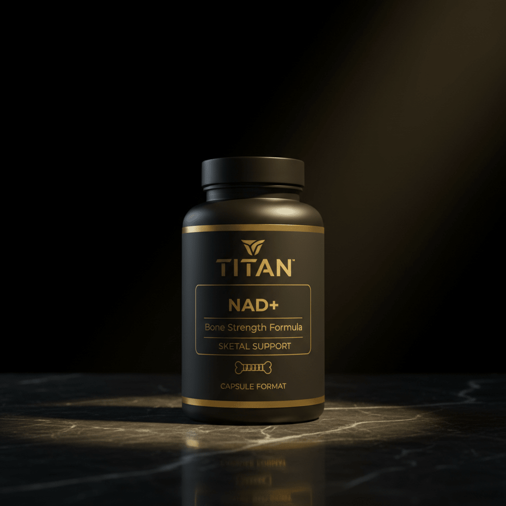 Black bottle of Titan NAD+ Bone Strength supplement with gold text and bone icon on a dark marble surface.