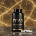 Black bottle of TITAN NAD+ Booster with gold text on marble surface, surrounded by white capsules with gold bands.