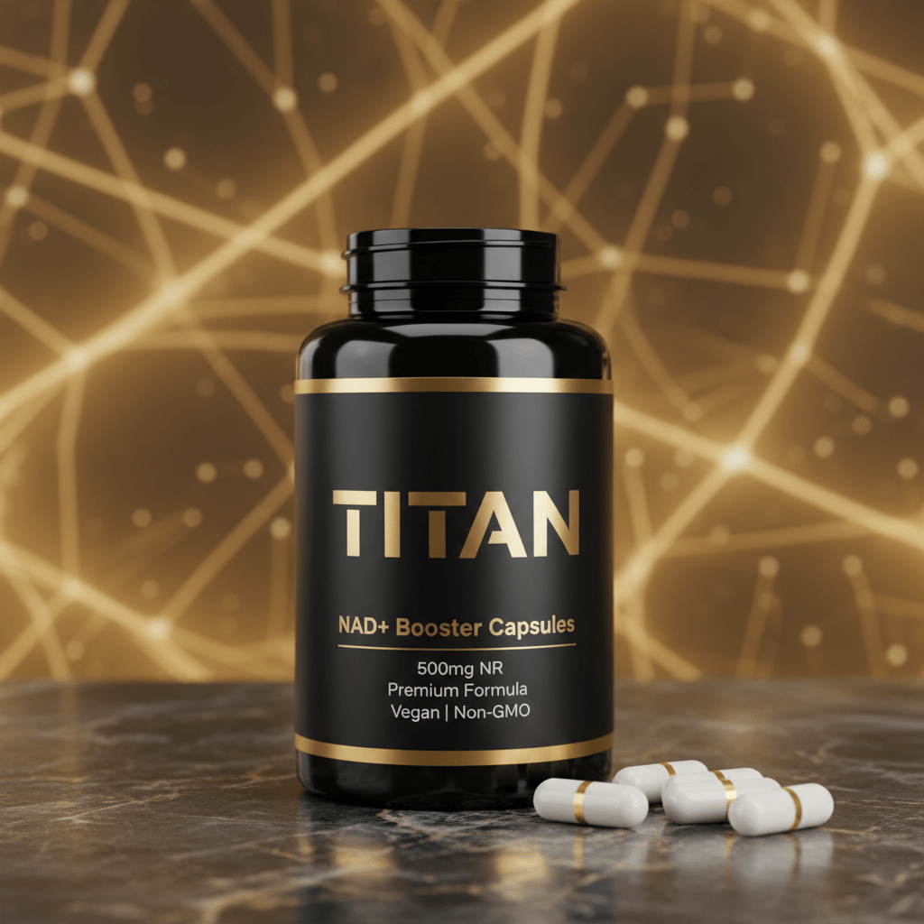 Black bottle of TITAN NAD+ Booster with gold text on marble surface, surrounded by white capsules with gold bands.