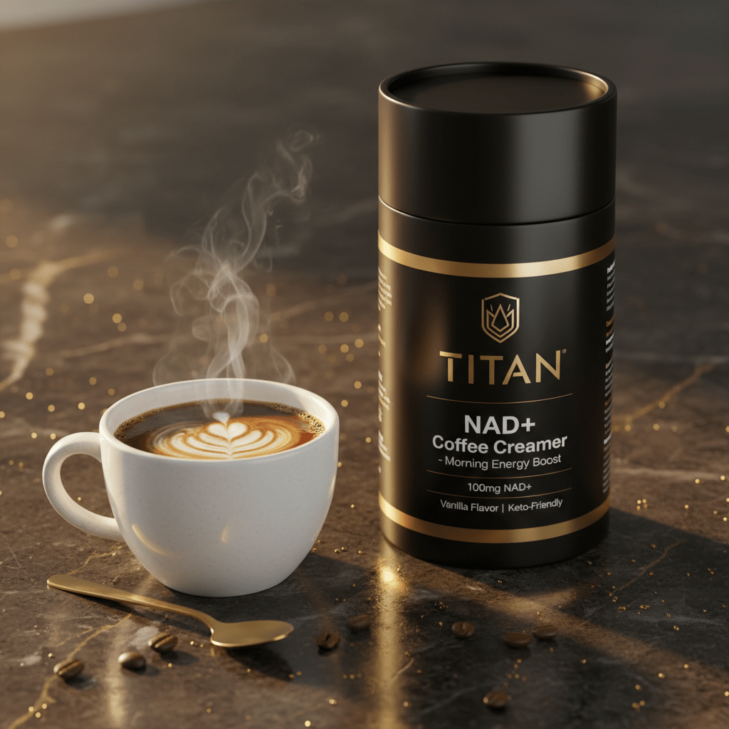 Black canister of Titan NAD+ coffee creamer next to a steaming latte on a dark marble surface with gold coffee beans.