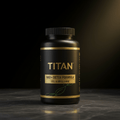 Black bottle of TITAN NAD+ Detox Formula with gold text and leaf design on a dark marble surface.