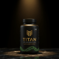 Black supplement bottle with gold "TITAN" logo, NAD+ Gut Health text, and green microbe graphics on marble surface.
