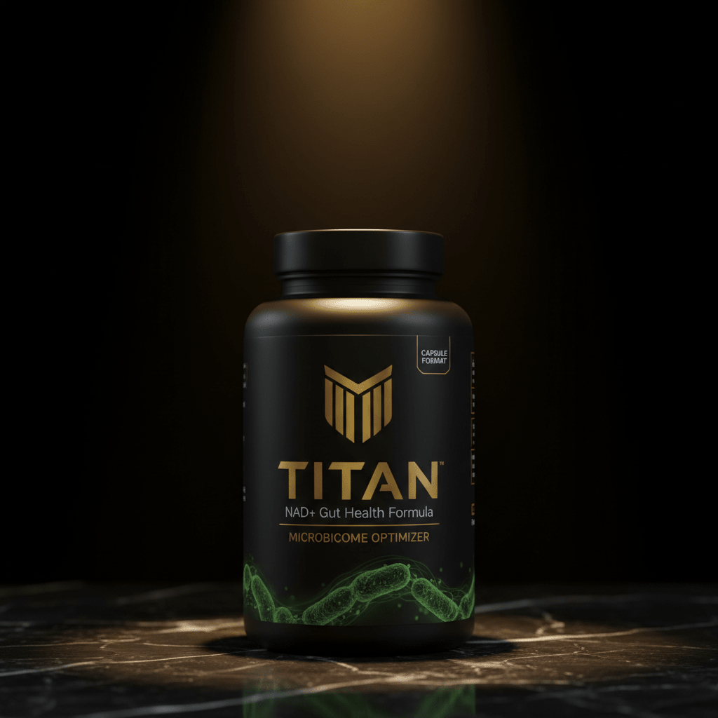 Black supplement bottle with gold "TITAN" logo, NAD+ Gut Health text, and green microbe graphics on marble surface.
