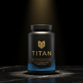 Matte black bottle with gold logo and text, featuring blue wave accents on a marble surface under a single spotlight.