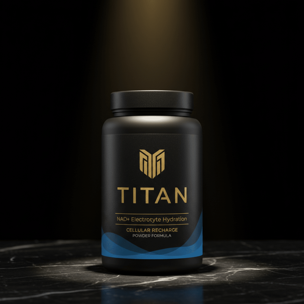 Matte black bottle with gold logo and text, featuring blue wave accents on a marble surface under a single spotlight.
