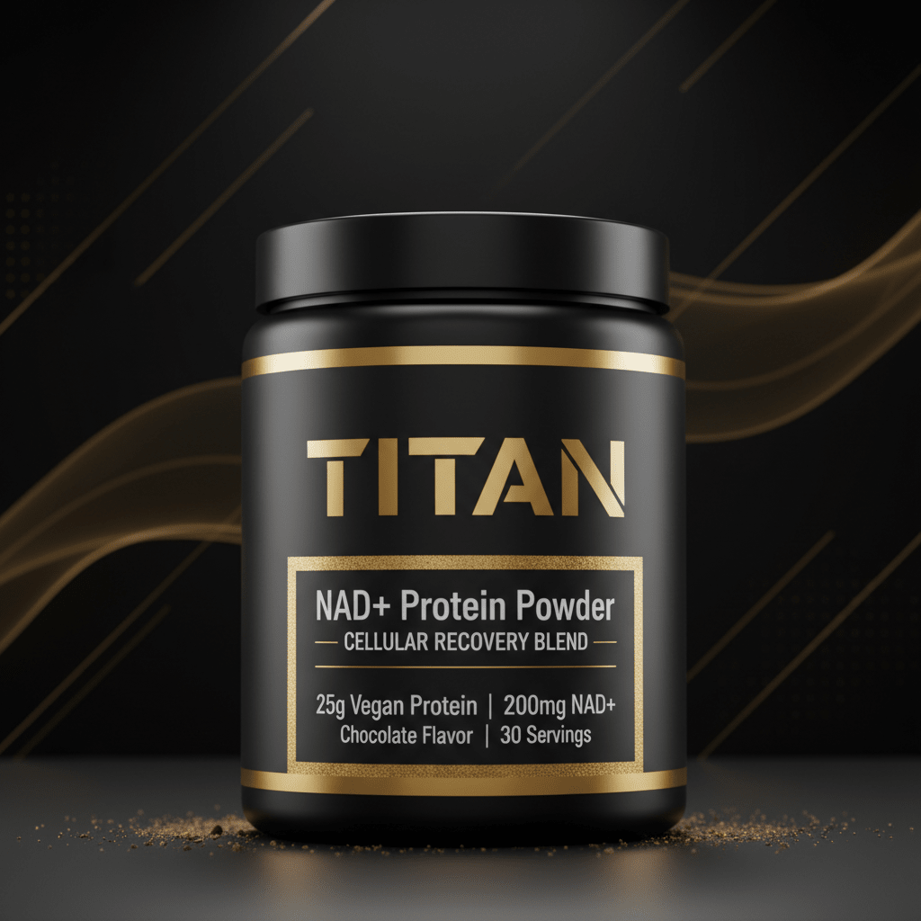Black and gold tub of Titan NAD+ Protein Powder, Cellular Recovery Blend, on a dark surface with light powder dusting.
