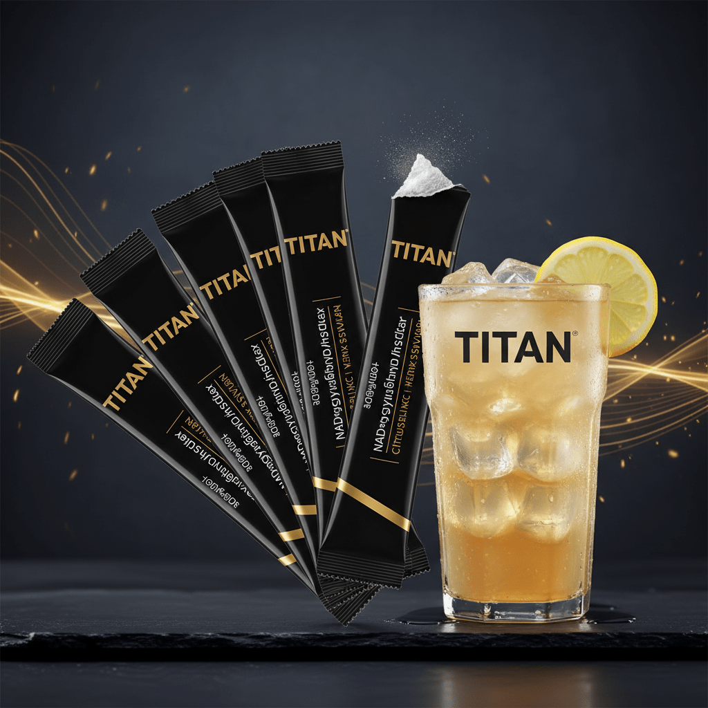 Five black Titan NAD+ drink mix sticks next to an iced beverage in a branded glass with a lemon slice on dark background.