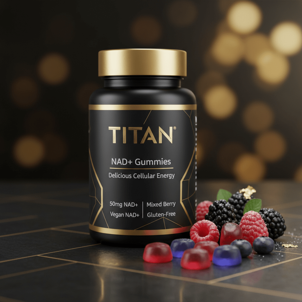 Black bottle of TITAN NAD+ Gummies with gold cap and accents, displayed with fresh mixed berries on a dark grid surface.