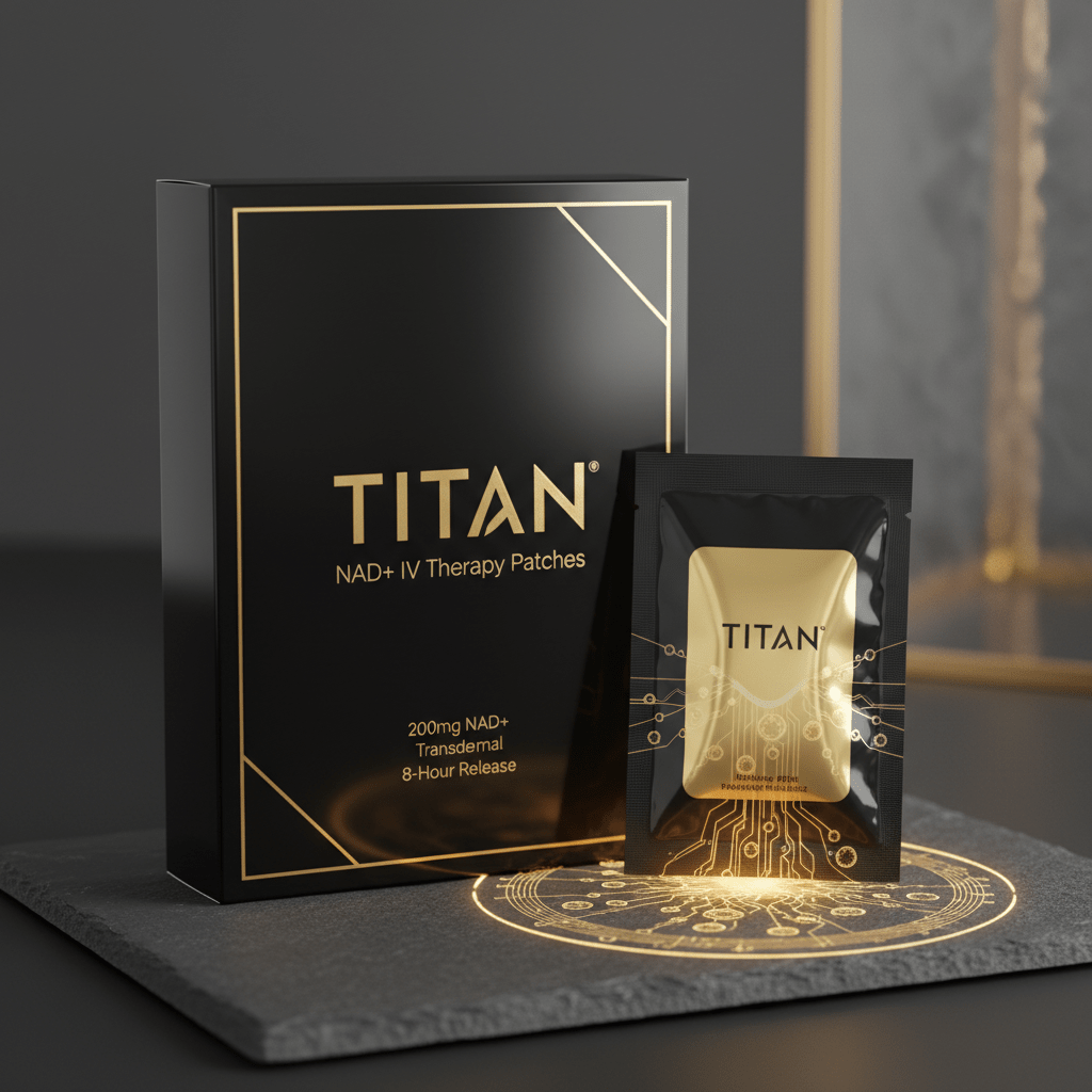 Black and gold TITAN NAD+ IV patch box and individual packet on a slate base with a glowing gold circuit design.