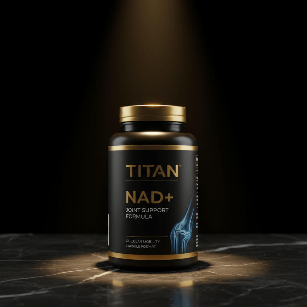 Black supplement bottle with gold cap and text, featuring a blue joint graphic, set on dark marble under a spotlight.