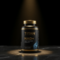 Black and gold TITAN NAD+ Joint Support bottle with a glowing blue knee joint illustration on a marble surface.
