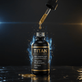 TITAN NAD+ supplement bottle with dropper, gold liquid, and glowing blue aura on a black reflective surface.