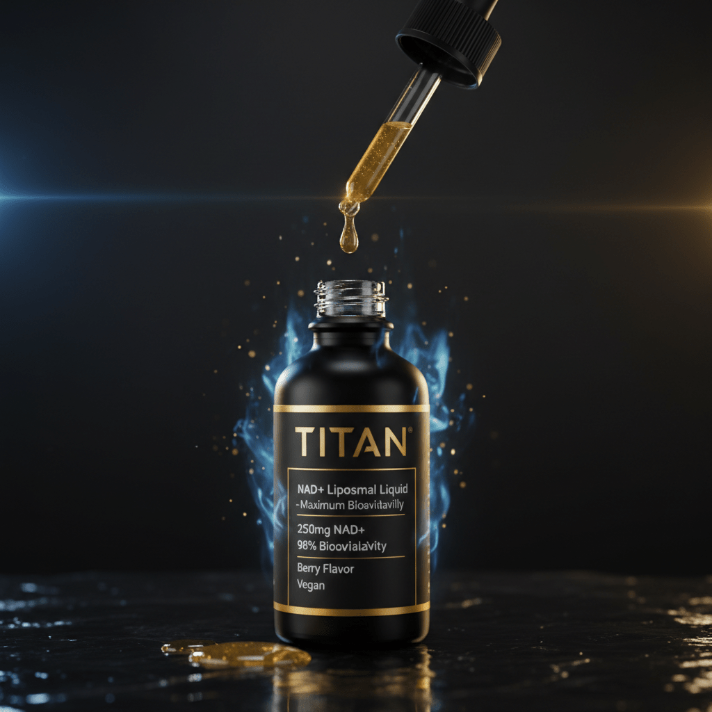 TITAN NAD+ supplement bottle with dropper, gold liquid, and glowing blue aura on a black reflective surface.