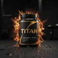 Black tub of Titan NAD+ pre-workout surrounded by golden energy sparks on a wet, dark gym floor.