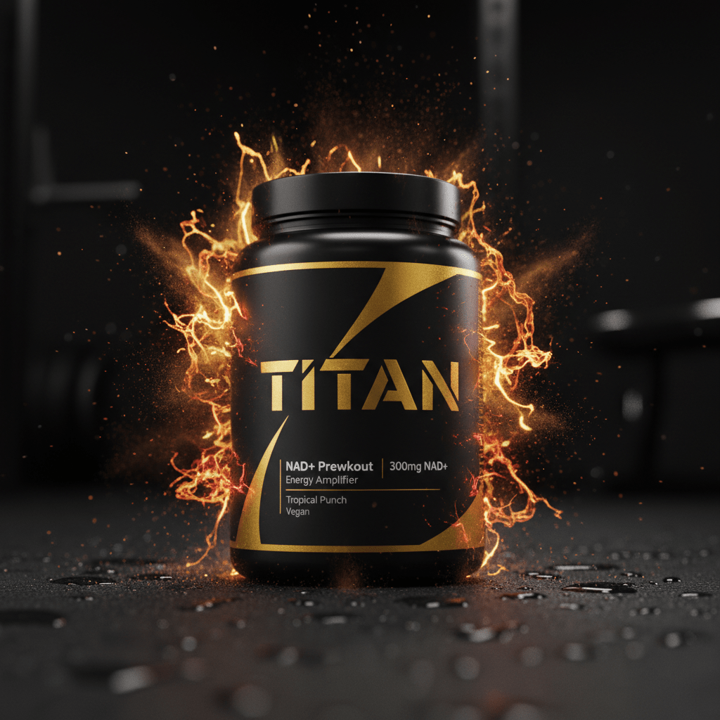 Black tub of Titan NAD+ pre-workout surrounded by golden energy sparks on a wet, dark gym floor.