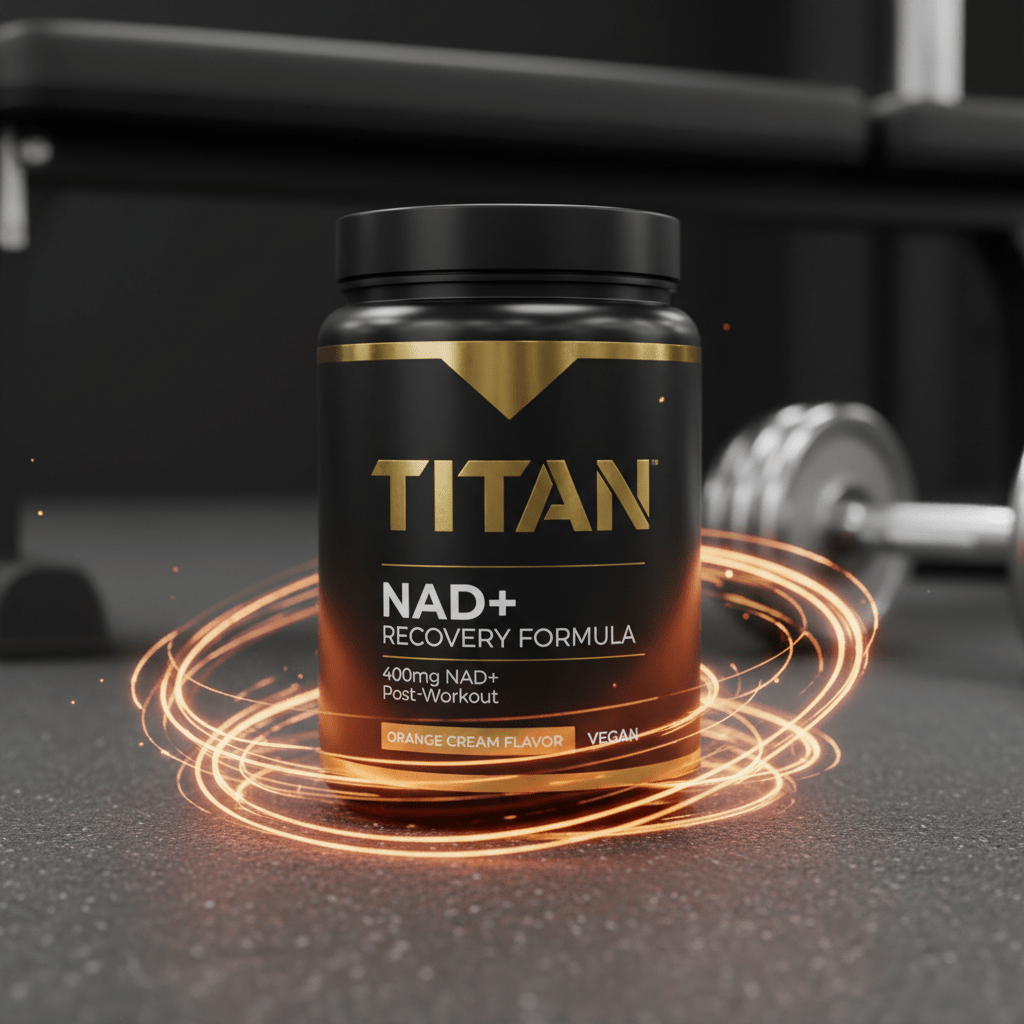 Black TITAN NAD+ supplement tub with gold lettering, encircled by glowing orange rings on a dark gym floor.