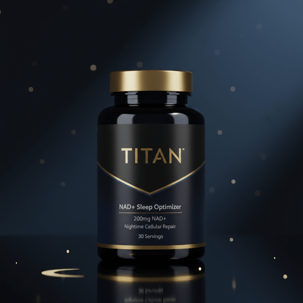 Black bottle of TITAN NAD+ Sleep Optimizer with gold cap, blue accents, and 30 servings, set against a dark starry sky.