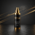 TITAN NAD+ gold and black spray bottle on textured surface with gold mist particles and elegant light streaks.