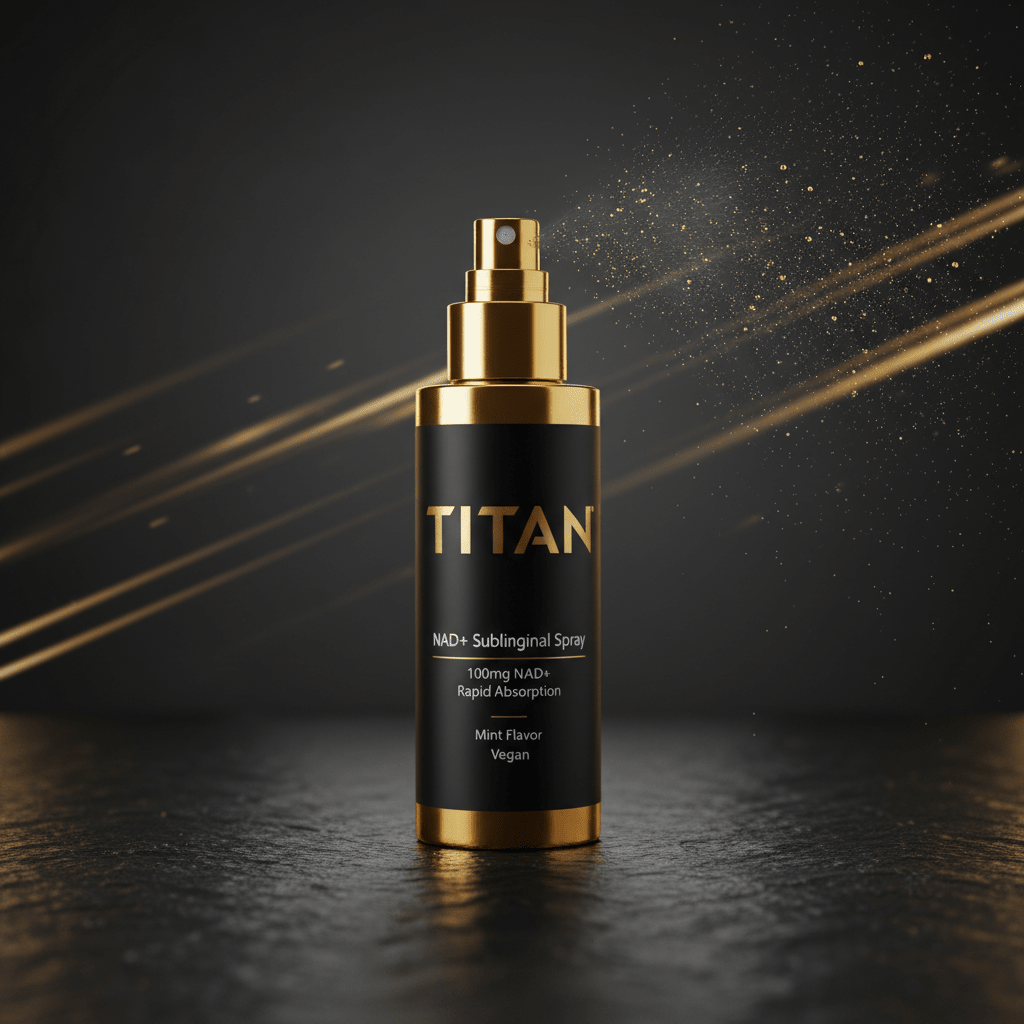 TITAN NAD+ gold and black spray bottle on textured surface with gold mist particles and elegant light streaks.