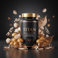 Black TITAN supplement bottle with gold cap, surrounded by brown mushrooms, pink roses, and lace leaves on dark gray.