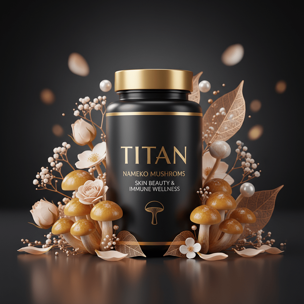 Black TITAN supplement bottle with gold cap, surrounded by brown mushrooms, pink roses, and lace leaves on dark gray.