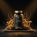 Black bottle of TITAN Nameko Mushroom supplement with gold cap and label, nestled in moss and mushrooms on slate.