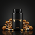 Black bottle of Titan Nameko Mushrooms with gold logo, surrounded by clusters of brown mushrooms and capsule pills.