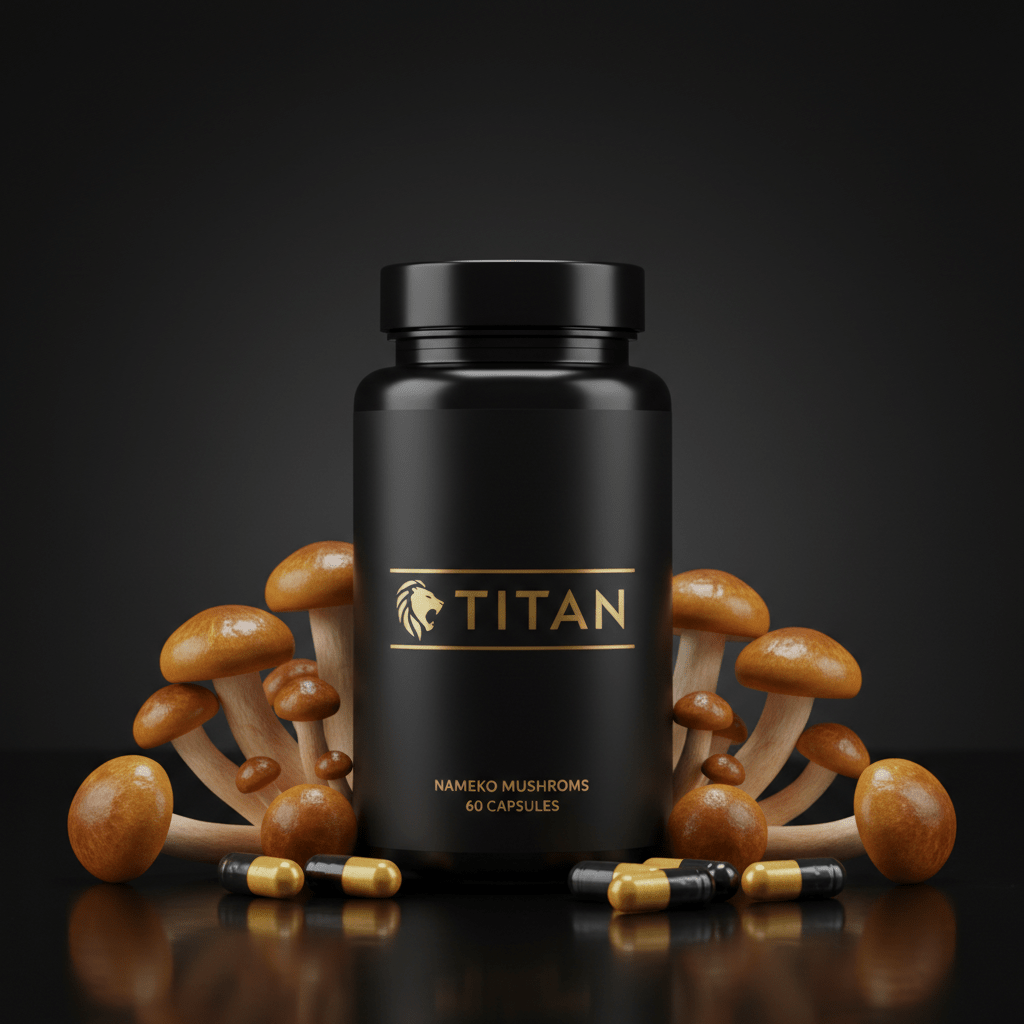 Black bottle of Titan Nameko Mushrooms with gold logo, surrounded by clusters of brown mushrooms and capsule pills.