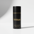 Matte black cylindrical Titan deodorant stick with gold branding and thin gold trim on a white background.