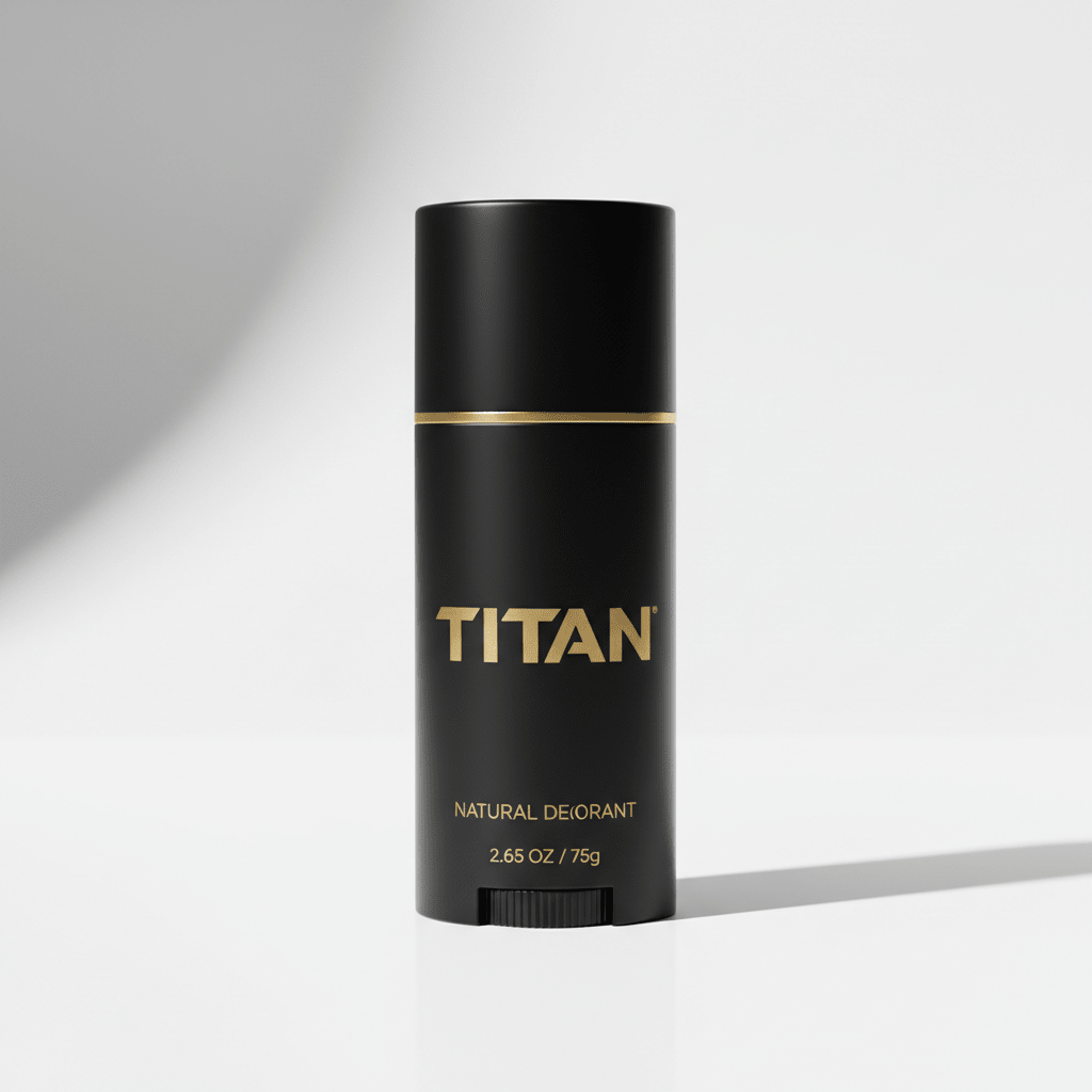 Matte black cylindrical Titan deodorant stick with gold branding and thin gold trim on a white background.