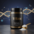 Black jar of Titan NMN powder with gold accents, gold scoop, and white powder on a dark textured surface.