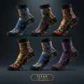 Six TITAN athletic socks with intricate, colorful, crown and mythical creature designs on a dark background.
