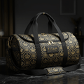TITAN Obsidian Crown duffel in black and gold with a hexagonal crown monogram pattern, black straps, and gold zippers.