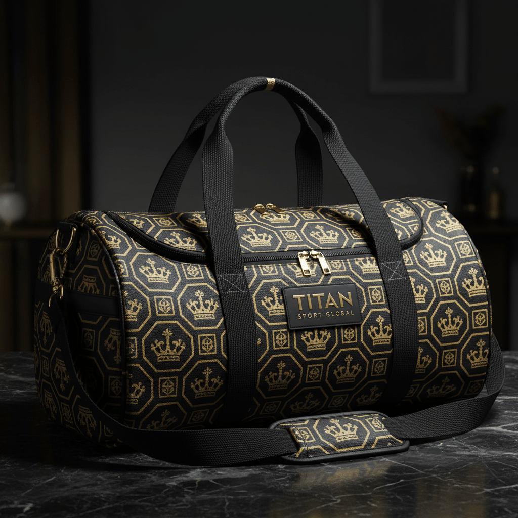 TITAN Obsidian Crown duffel in black and gold with a hexagonal crown monogram pattern, black straps, and gold zippers.